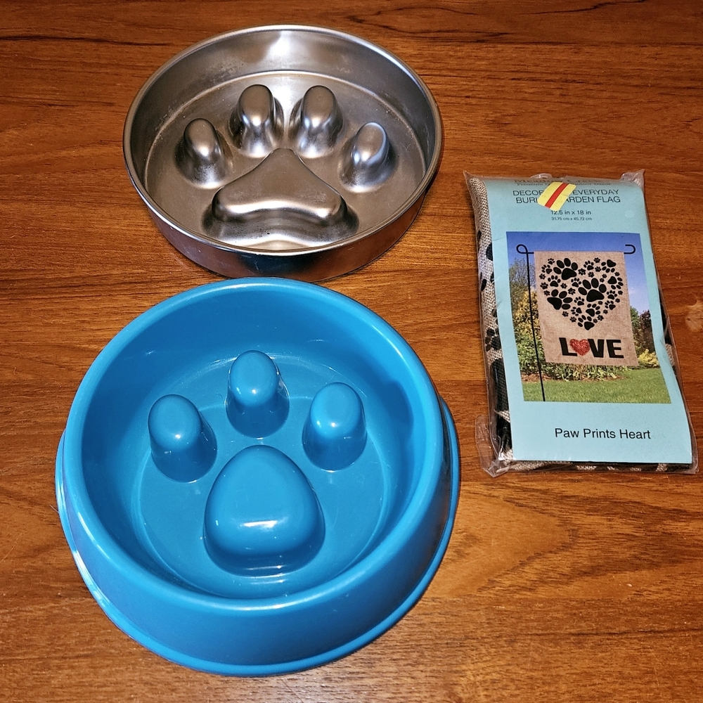 Dog Bundle, 2 Bowls, and Garden Flag. New and Like New